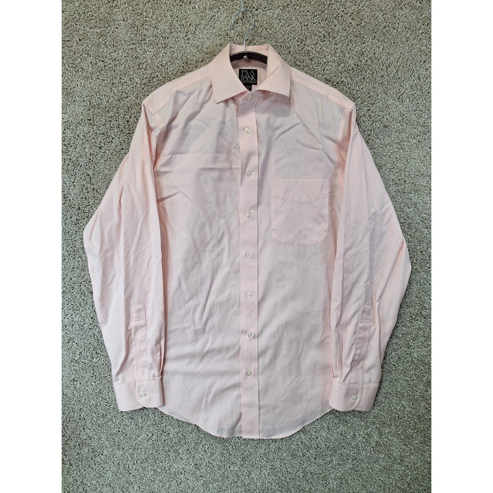 Jos. A. Bank Dress Shirt Men 15-34 Pink Tailored Fit Pocket Curved Hem Button Up